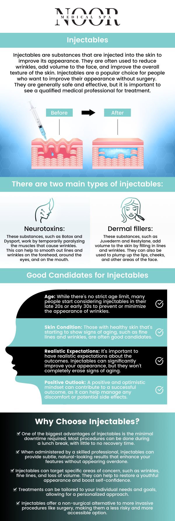 Injectables are valuable tools for addressing visible signs of aging and enhancing facial features. They help reduce wrinkles, restore volume, and create a smoother, more youthful appearance. The appropriate time to start using injectables varies based on individual concerns; however, many people begin around their late 20s to early 30s, either as a preventive measure or when they notice signs of aging. Consult Dr. Nasser Nasseri, M.D. at Noor Medical Spa for Injectable treatment. For more information, contact us or book an appointment online. We are conveniently located at 700 Geipe Road Suite 100 Catonsville, MD 21228.