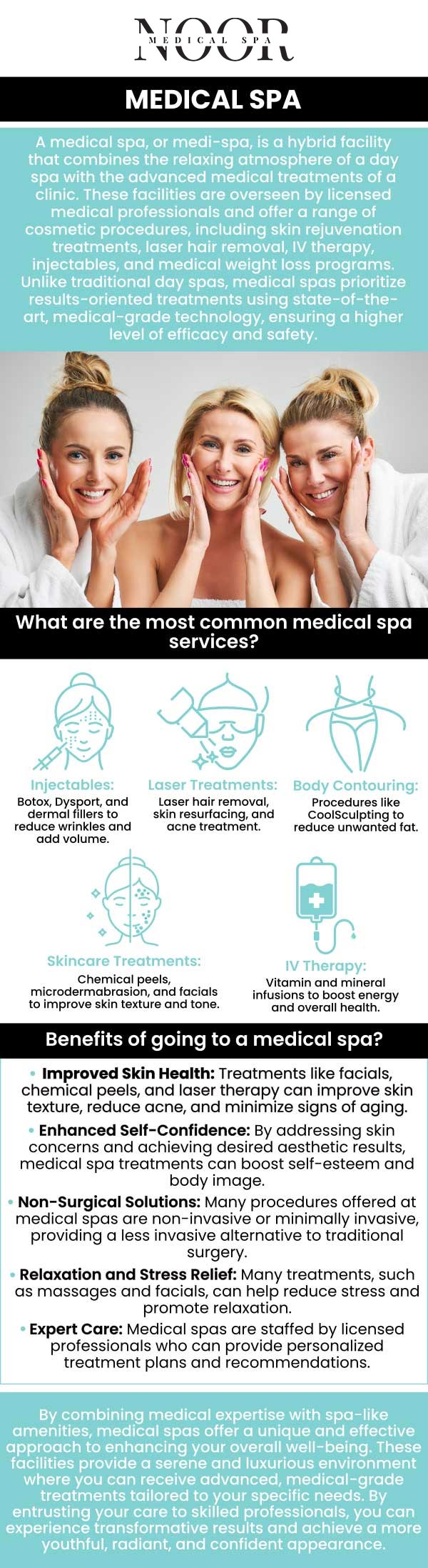 Both men and women have been visiting medical spas increasingly often in recent years. Medical spas aim to combine the finest aspects of both worlds: a tranquil spa treatment with knowledge and techniques typically designated for medical professional settings. Clients can receive cutting-edge therapy from Dr. Nasser Nasseri, MD, and his staff at Noor Medical Spa. Contact us for more information, or schedule your online consultation. We are conveniently located at 700 Geipe Road Suite 100 Catonsville, MD 21228.