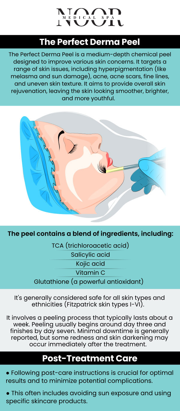 The Perfect Derma Peel® is a medium-depth high-quality chemical peel that aids in the fight against the impacts of time, sun damage, and daily environmental exposures. This powerful yet non-harmful chemical peel can rejuvenate your aging or sun-damaged skin. It is the first chemical peel to include glutathione, the most efficient antioxidant ever discovered! Visit Dr. Nasser Nasseri, MD, and his team at Noor Medical Spa to revitalize your skin with the Perfect Derma Peel. Contact us today or book an appointment online. We are conveniently located at 700 Geipe Road Suite 100 Catonsville, MD 21228.